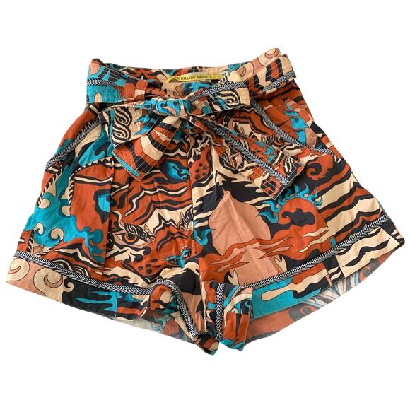 Chufy Burnt Orange, Teal, Brown Multicolor High Waist Printed Shorts - Picture 1 of 8